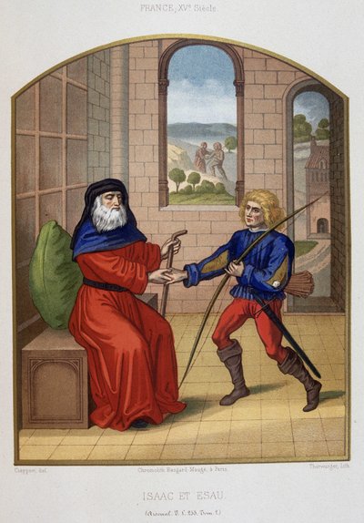 Esaú con sus armas de caza y su padre Isaac. Cromolitografía del siglo XIX de Unknown artist