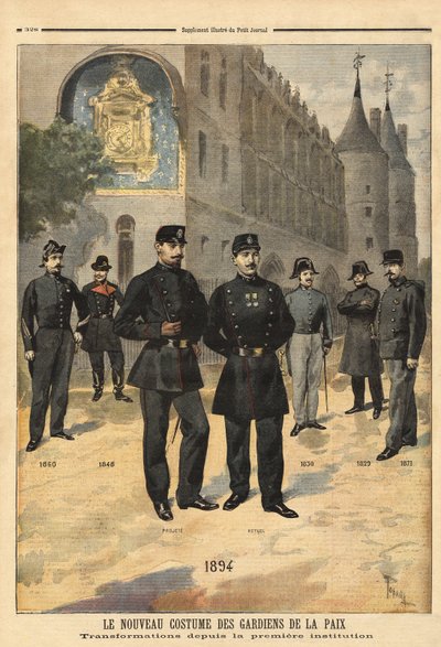 Evolución de los uniformes de los guardianes de la paz (o sargentos de la ciudad) de 1860 a 1894, frente a la torre del reloj de la Conciergerie, París. Grabado en "Le petit journal" 09/1894. Colección Selva de Unknown artist