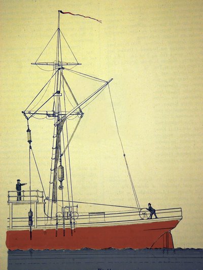 Expedición Voeringen, primeras expediciones noruegas en el Atlántico Norte alrededor de 1876-1878. Vista del sistema de poleas para sondear profundidades marinas. 1878 aprox. de Unknown artist