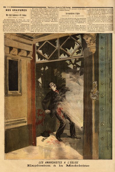 Explosión en la iglesia de La Madeleine en París, el criminal anarquista, la única víctima, sufre los efectos de su propia bomba. Grabado en "Le petit journal" 26/03/1894. Colección Selva de Unknown artist