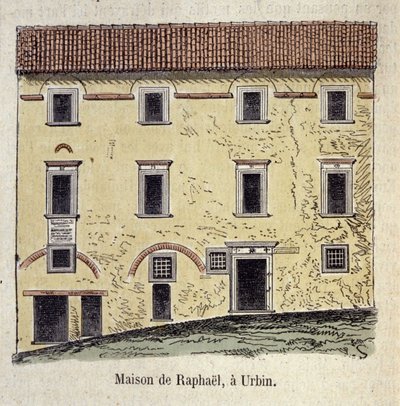 Fachada de la casa donde vivió el pintor Raffaello Santi (Raphael) (1483 - 1520) en Urbino, Italia de Unknown artist
