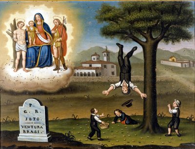 Caída de un árbol. En la parte superior izquierda, la Madonna entre San Sebastián y San Roque. Ex voto de 1870 de Unknown artist