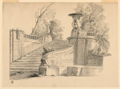 Fantasía. Una escalera en un parque, en ruinas. de Unknown artist