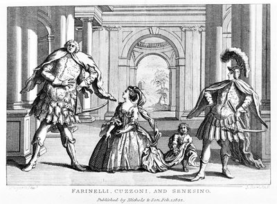 Farinelli (Carlo Broschi, 1705 - 1782) con la soprano Cuzzoni y el castrato Francesco Bernardo Senesino (1680 - 1750) en la ópera de George Frederick Handel de Unknown artist