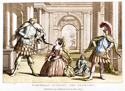 Farinelli (Carlo Broschi, conocido como; 1705 - 1782) con la soprano Cuzzoni y el castrato Francesco Bernardo Senesino (1680 - 1750) en la ópera de George Frederick Handel (Georg Friedrich Handel) de Unknown artist