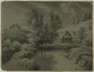 Granja con Estanque en Primer Plano, Vacas Pastando en la Colina de Unknown artist