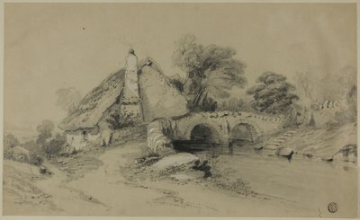 Granja con Techo de Paja Cerca de un Puente de Piedra de Unknown artist
