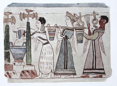 Moda, cultura fenicia del Egeo, 2000-500 a. C. Mujeres con cubos de agua detrás de un arpista de Unknown artist