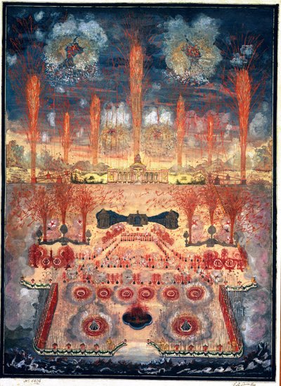 Fuegos artificiales e iluminaciones el 16 de junio de 1744 en Moscú (Rusia). Obra anónima, acuarela y gouache sobre cartulina, mediados del siglo XVIII. arte rococó. Museo Estatal de Historia, Moscú. de Unknown artist