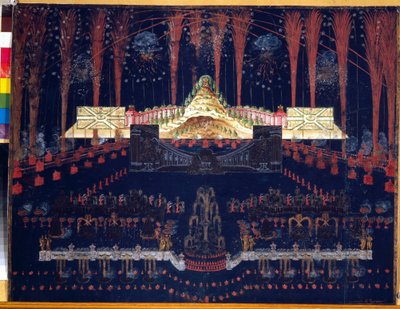 Fuegos artificiales e iluminaciones el 25 de abril de 1742 en Moscú (Rusia). Obra anónima, acuarela y gouache sobre cartulina, mediados del siglo XVIII. arte rococó. Museo Estatal de Historia, Moscú. de Unknown artist