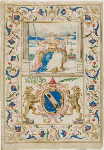 Figura de la Justicia y escudo con leones rampantes de Unknown artist