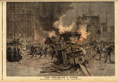 Incendio de ómnibus y tranvías en París: una manifestación estudiantil brutalmente reprimida se convierte en un motín general. Grabado en “Le petit journal” 22/07/1893. Colección Selva. de Unknown artist