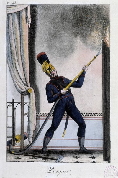 Bombero con lanza de agua, apagando un incendio - circa 1830 de Unknown artist