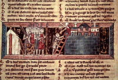 Primera cruzada: Los cruzados llegando ante Jerusalén. Miniatura de Caballero al Cisne y Godofredo de Bouillon de Unknown artist