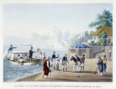 Primer desembarco de los franceses en el asentamiento portugués de Dille en la isla de Timor. de Unknown artist