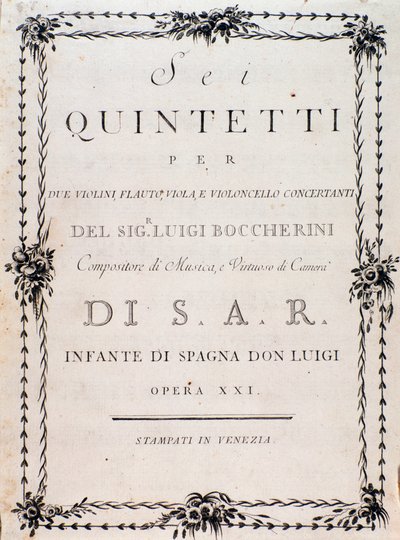 Primera página de la partitura musical de "Sei quintetti per due violini flauto viola e violoncello" de Luigi Boccherini de Unknown artist