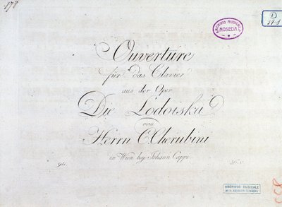 Primera página de la partitura musical de la obertura para pianoforte de la ópera "Lodoiska" de Luigi Cherubini de Unknown artist