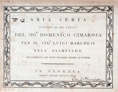 Primera página de la partitura musical de Aria Seria de Domenico Cimarosa de Unknown artist