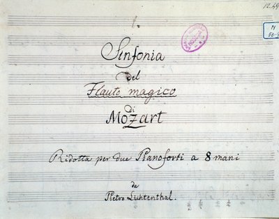 Primera página de la partitura de la sinfonía reducida a dos pianos y ocho manos de Die Zauberflöte, ópera de Mozart, versión de Lichtenthal (siglo XIX) de Unknown artist
