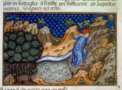 Primer canto del Infierno, una pantera se opone al paso de Dante. Ilustración de la “Divina Comedia” de Dante Alighieri (1265-1321). Miniatura de un manuscrito del siglo XV. París, B.N. de Unknown artist