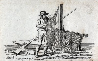 Pescador y red de pesca. Fina grabado del siglo XVIII. Colección privada. de Unknown artist
