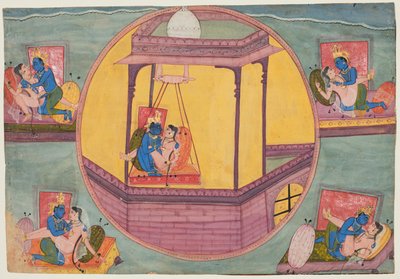 Cinco poses de Krishna haciendo el amor, de un Bikaner Bhagavata Purana de Unknown artist