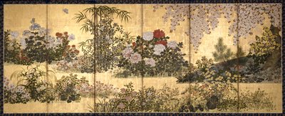 Flowers And Butterflies (tinta, color y pan de oro sobre papel) de Unknown artist