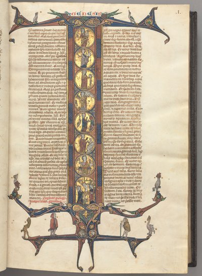 Fol. 1r, Génesis, con una inicial I historiada de cuerpo entero, que muestra la Creación y la Crucifixión, todo ello sobre fondo de oro bruñido, con marcos rosas y azules diaperados y extensiones de dragón y follaje en cúspide en la parte superior e inferi de Unknown artist