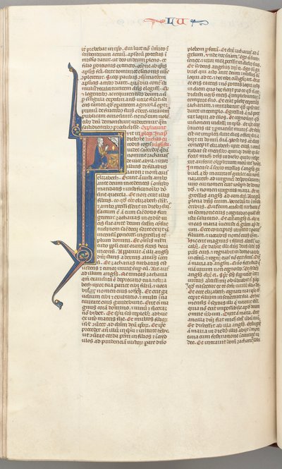 Fol. 412v, Lucas, F inicial historiada, Lucas orando ante un altar, busto de Dios encima de Unknown artist
