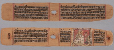 Folio 141, de un Kalpa-sutra e Historia de Kalakacharya: Texto (anverso); Monje sosteniendo una flor venerada por un discípulo laico (reverso) de Unknown artist