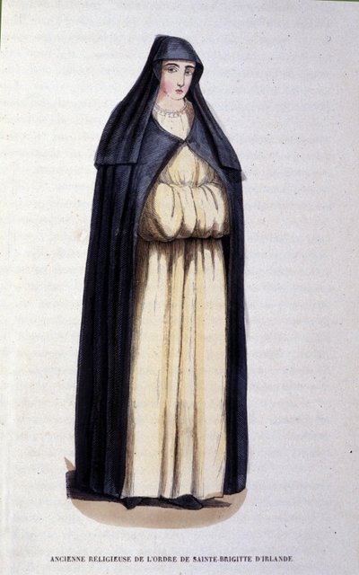 Antigua monja de la Orden de Santa Brígida de Irlanda. Grabado de un álbum sobre órdenes religiosas, París de Unknown artist