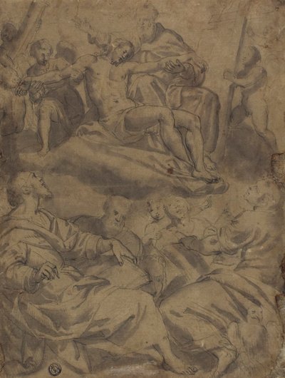Cuatro evangelistas y la visión de Dios sosteniendo a Cristo muerto con los instrumentos de la Pasión de Unknown artist