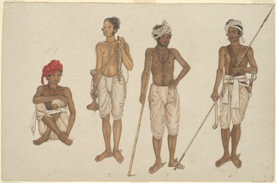 Cuatro reclutas con dhotis blancos, página del Álbum Fraser de Unknown artist