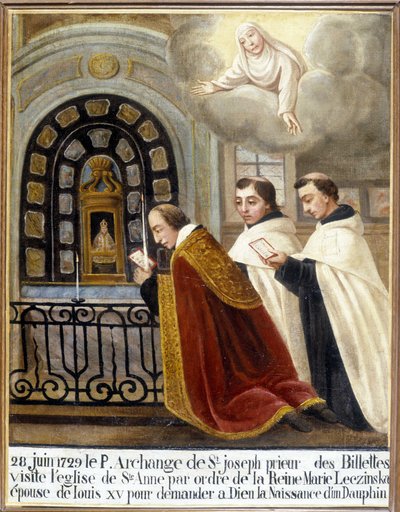 El P. Arcángel de San José, Prior de las Billettes, visita la iglesia de Santa Ana por orden de la reina María Leszczynska, esposa de Luis XV, para pedir a Dios el nacimiento de un delfín, 28 de junio de 1729 - Ex-Voto Sainte Anne d