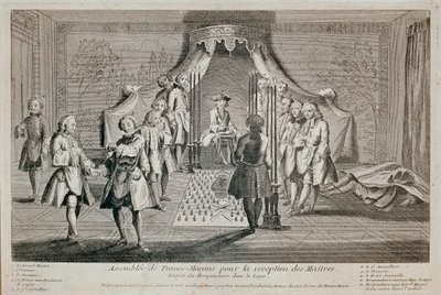 Francmasonería: “Asamblea de Francmasones para la recepción de los maestros” Ceremonia para la entrada del recipiendario en la logia. Está representado a la izquierda, con el segundo supervisor apuntándole con un puñal masónico. El Gran Maestro está en el de Unknown artist