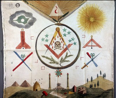 Francmasonería: Emblemas masónicos en un delantal de un masón del rito francés que data del siglo XVIII o XIX. Archivio di Stato de Milán de Unknown artist