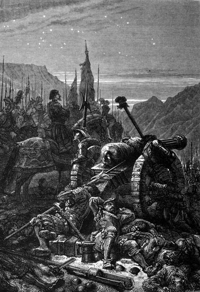 Francisco I (1494 - 1547) permaneció en la silla la noche antes de la Batalla de Marignano, septiembre de 1515. Grabado del siglo XIX. de Unknown artist