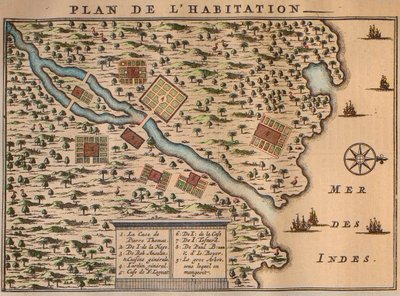 Mapa del asentamiento de Francois Leguat en Rodrigues - El plan de la habitación de Francois Leguat (1637-1735) explorador francés y amigos en la isla Rodrigues en Mauricio (1708) de Unknown artist