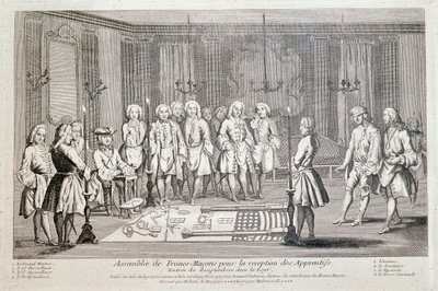 Francmasonería: "Asamblea de Francmasones para la admisión de aprendices". Ceremonia para la entrada del recipiendario en la logia. Avanza, con los ojos vendados, guiado por el segundo supervisor, hacia el Gran Maestro (sentado a la izquierda) de Unknown artist