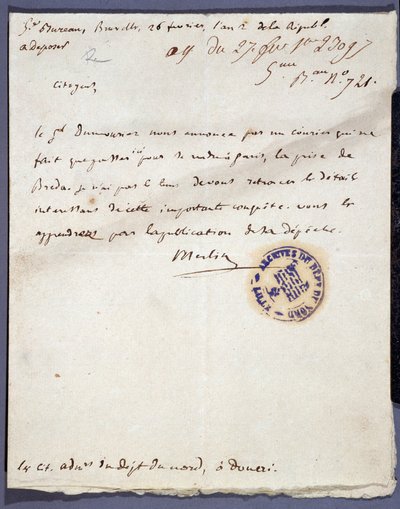 Revolución Francesa: carta manuscrita fechada el 26/02/1793 de un tal Merlin sobre la captura de la ciudad de Breda en Holanda el 24 de febrero por el General Dumouriez. Archivos Departamentales de Nord Lille de Unknown artist