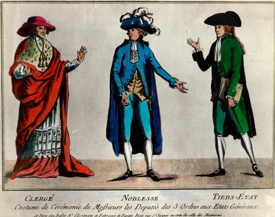 Revolución Francesa: representación de los diputados de los tres órdenes en los Estados Generales con traje ceremonial: el clero, la nobleza y el tercer estado. Estampa de finales del siglo XVIII. Colección privada de Unknown artist