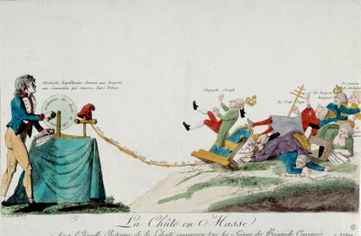 Revolución Francesa: el fin del despotismo. Un hombre envía descargas eléctricas (manivela de derechos humanos) a los gobernantes europeos que caen de su trono de Unknown artist