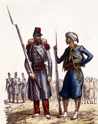 Uniforme militar francés: A la izquierda, una legión extranjera formada y enviada a Argelia en 1831. A la derecha, jinetes indígenas, entrenados y enviados a Argelia en 1841. En L