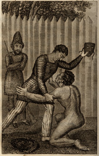 Viernes es arrojado a los brazos de Robinson Crusoe, grabado insertado en "Las aventuras de Robinson Crusoe" por Daniel Defoe de Unknown artist