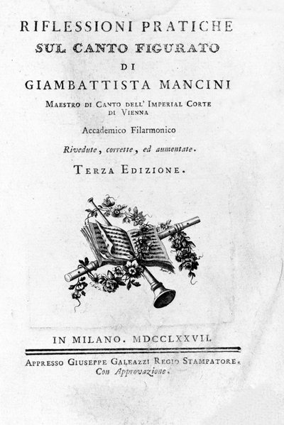 Frontispicio de “Pensieri e riflessioni pratiche sul canto figurato” del teórico del canto italiano y castrato Giovanni Battista Mancini (1716 - 1800). 1777. de Unknown artist