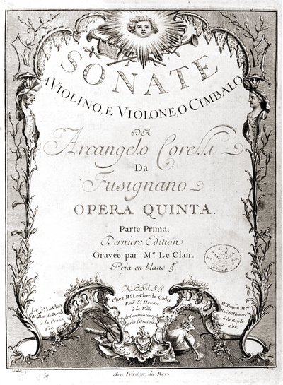 Frontispicio de 12 sonatas para violín, bajo y clavecín por Arcangelo Corelli (1653 - 1713). Versión francesa de Unknown artist