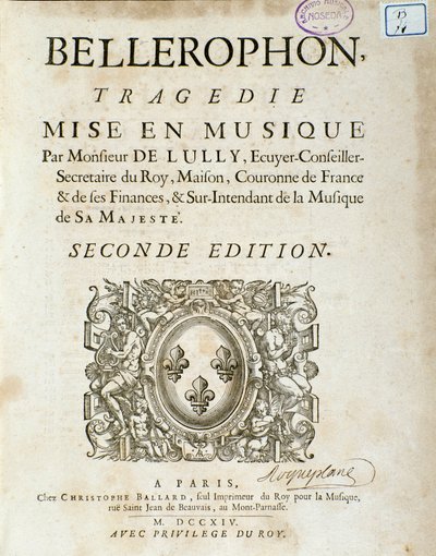 Frontispicio de “Bellerophon” tragedia lírica en cinco actos con un prólogo de Jean Baptiste Lully (Giovanni Battista Lulli) (Jean-Baptiste) (1632-1687). 1714 de Unknown artist
