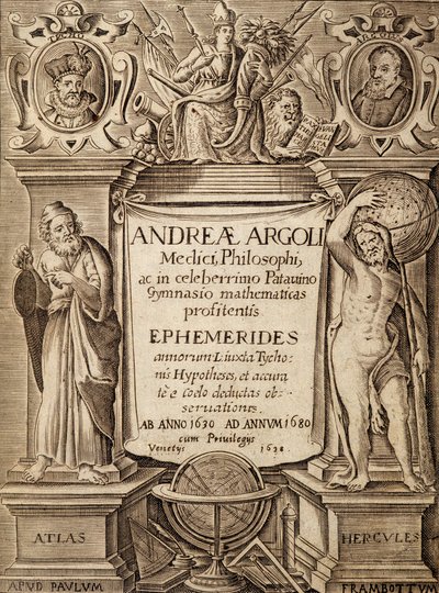 Frontispicio de “Ephemerides” con Hércules y Atlas de Unknown artist