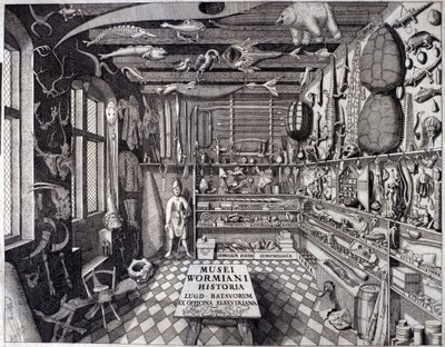 Frontispicio de “Musei Wormiani Historia” mostrando el interior del gabinete de curiosidades de Ole Worm o Olaus Wormius de Unknown artist