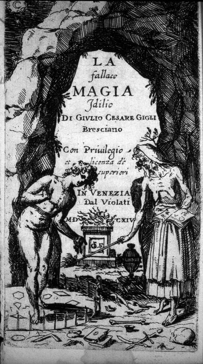 Frontispicio de un libro que representa a brujas realizando ritos mágicos de Unknown artist